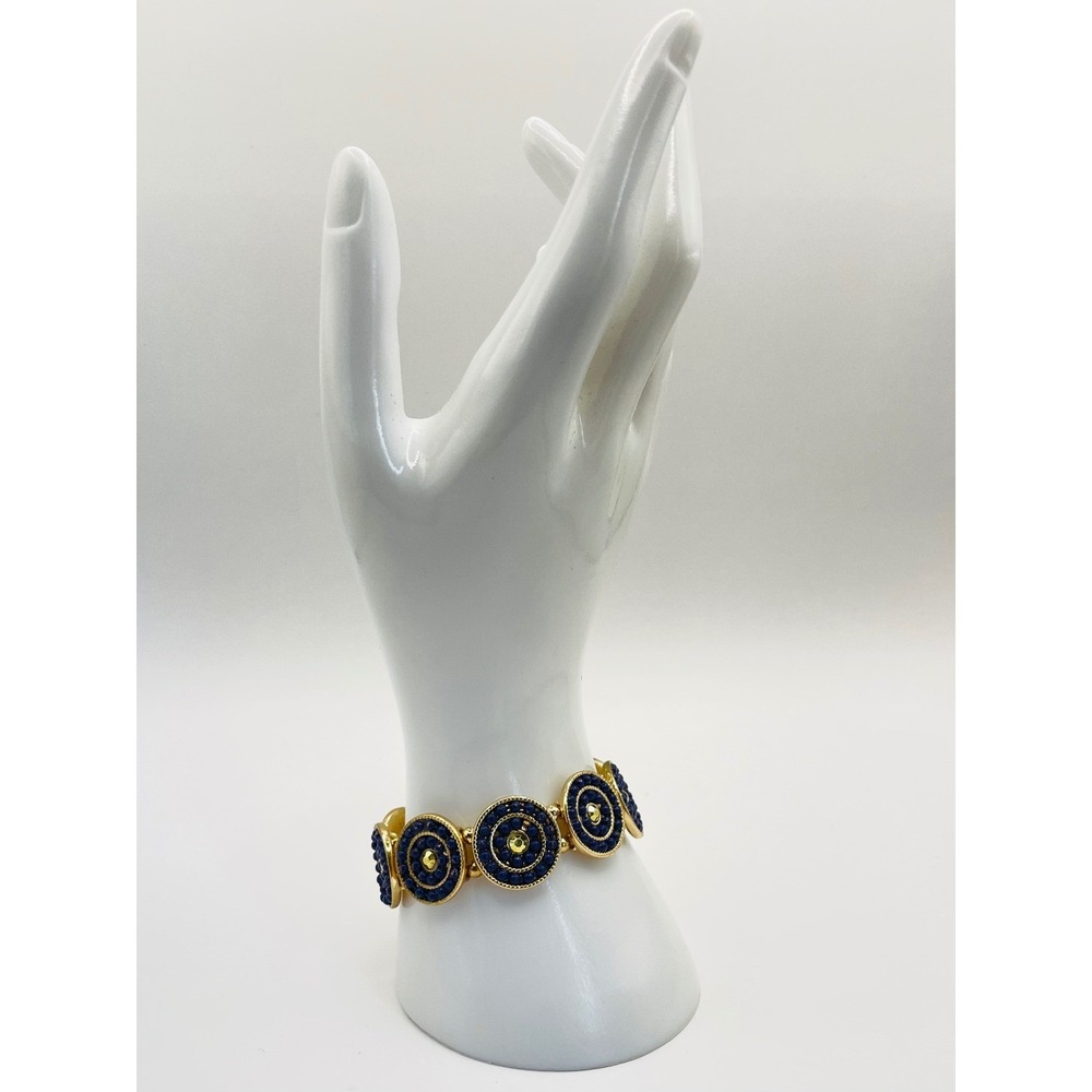 Gold Tone Blue Beaded Medallion Stretch Bracelet Vintage Style Boho Statement